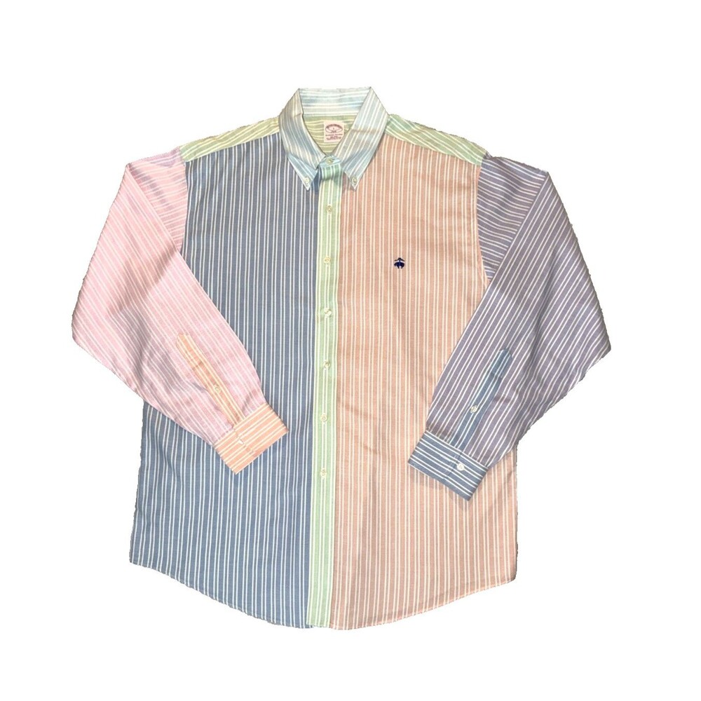 Vintage Brooks Brothers Mens Button Shirt Size L Pastel Color Block Stripes